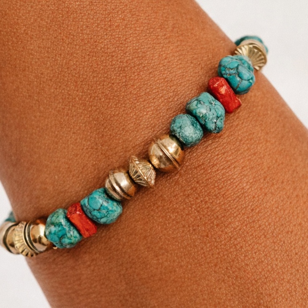 Vintage Navajo Sterling Silver Bench Beads Turquoise & Coral Bracelet